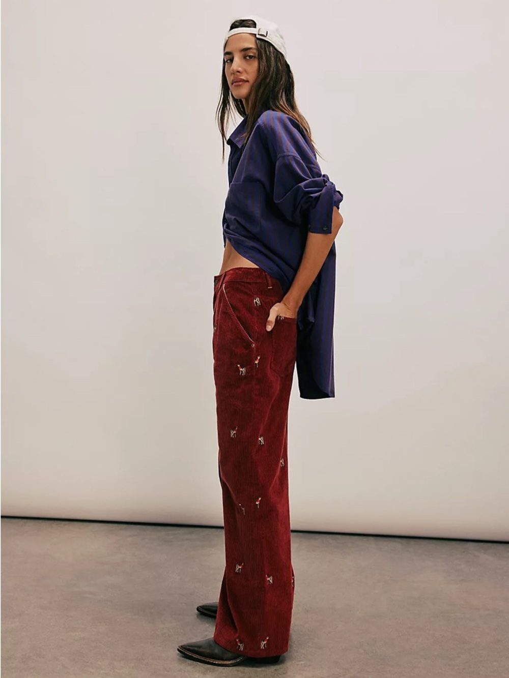 Free People We The Free Clifton Embroidered Corduroy Wide Leg Burgundy Size 29 - Picture 3 of 16